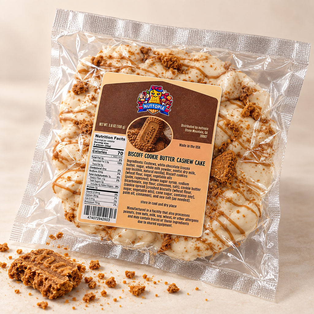 Nuttopia Biscoff Cookie Butter Cashew Cake styled package