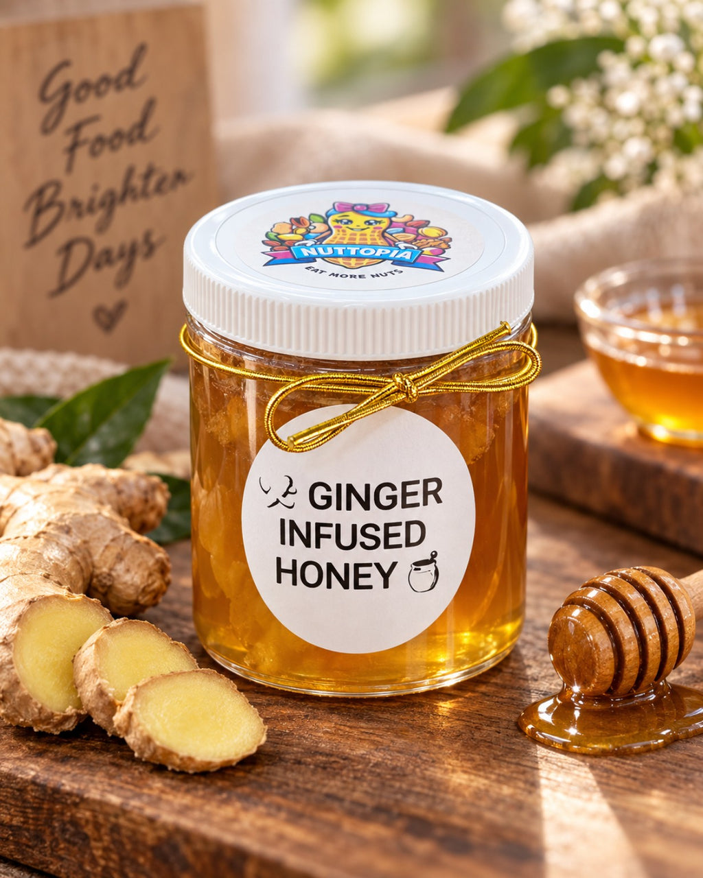 Nuttopia Ginger Infused Honey 8 oz lifestyle product photo with ginger and honey