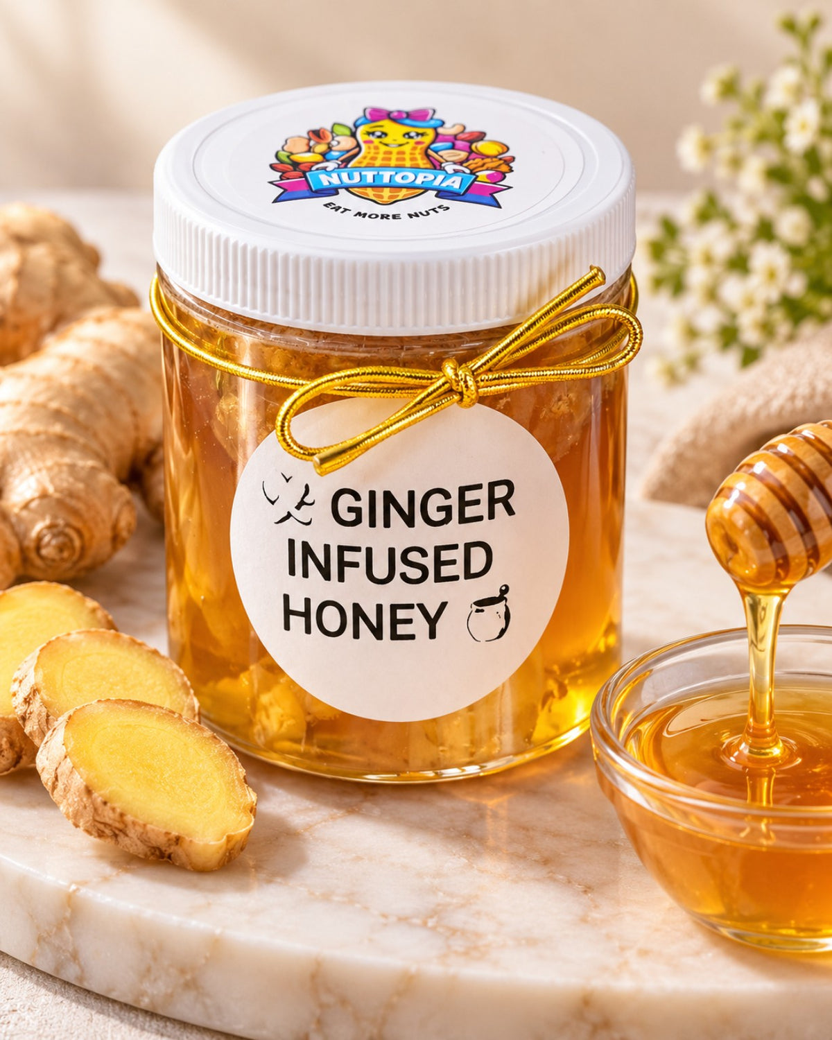 Nuttopia Ginger Infused Honey 8 oz lifestyle product photo