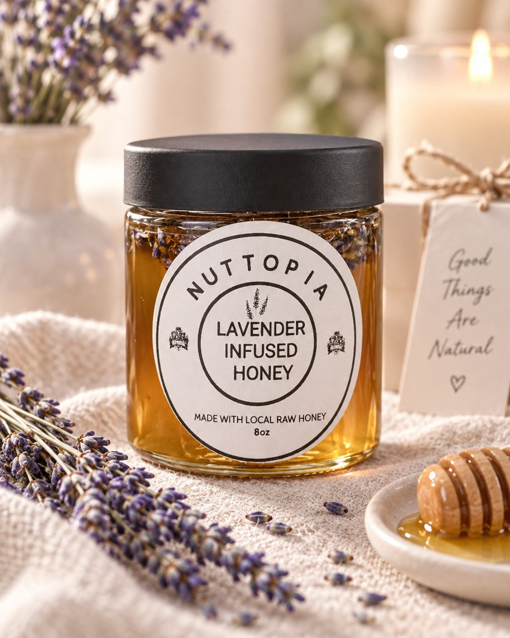 Nuttopia Lavender Infused Honey 8 oz jar gift setting