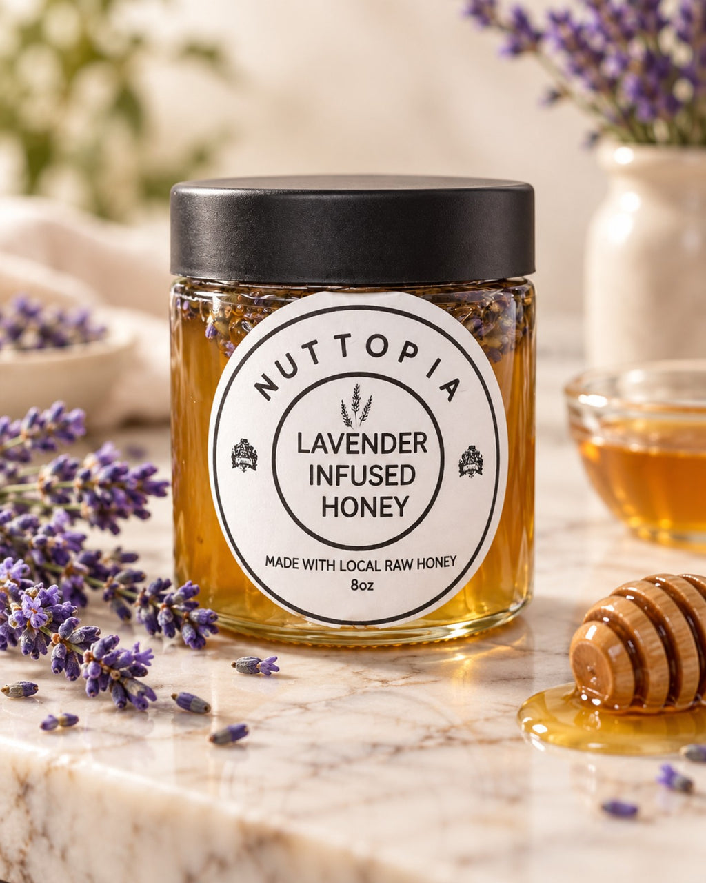 Nuttopia Lavender Infused Honey 8 oz jar in kitchen setting