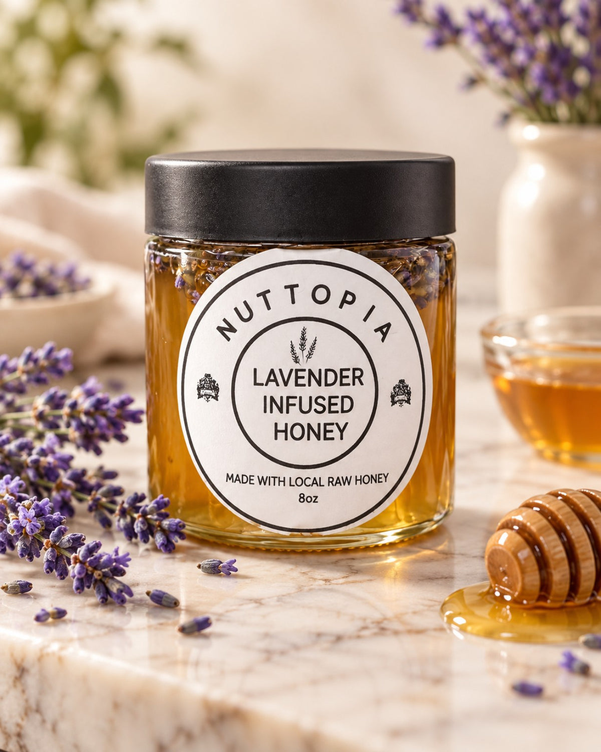 Nuttopia Lavender Infused Honey 8 oz jar in kitchen setting