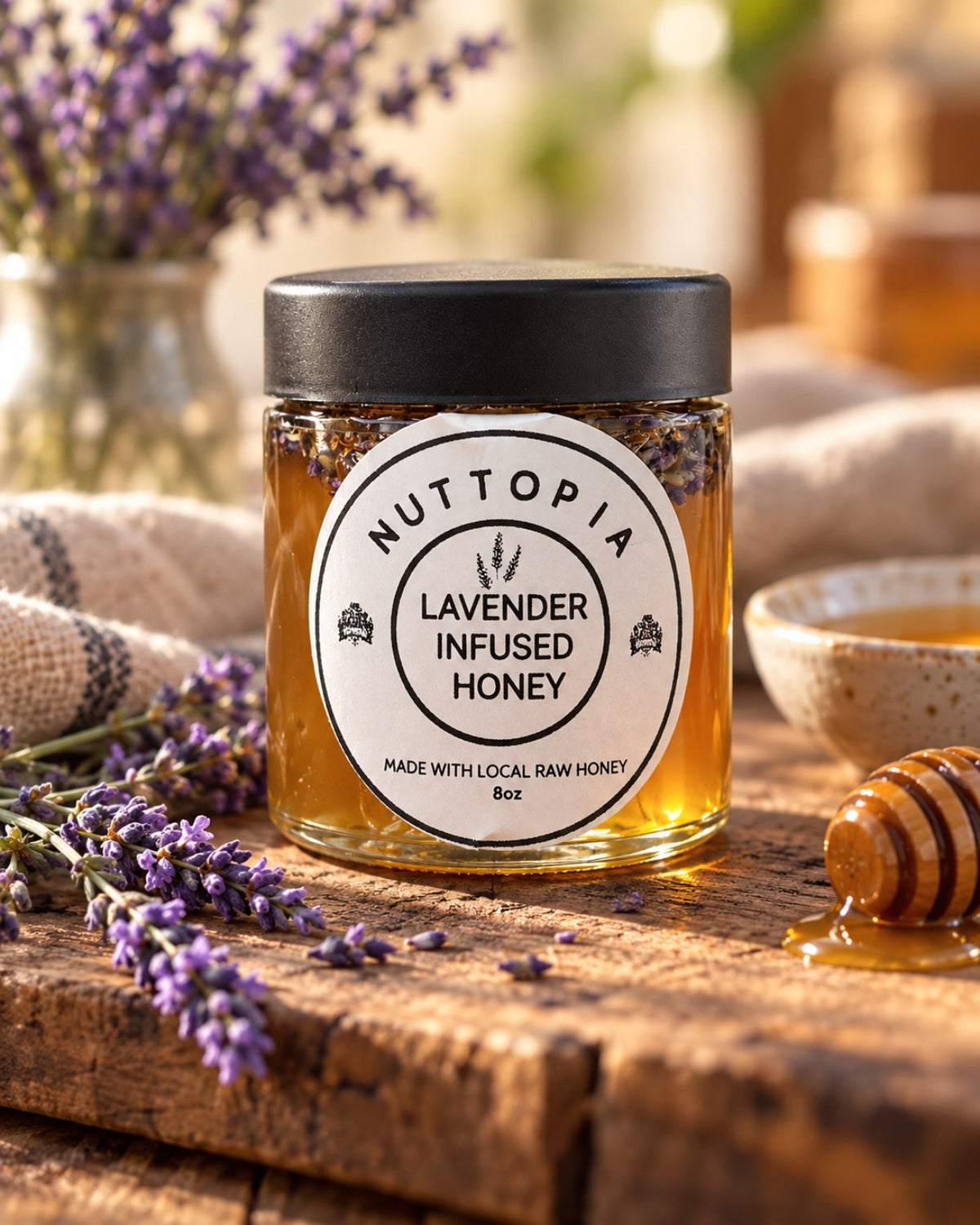 Nuttopia Lavender Infused Honey 8 oz jar with lavender and honey dipper