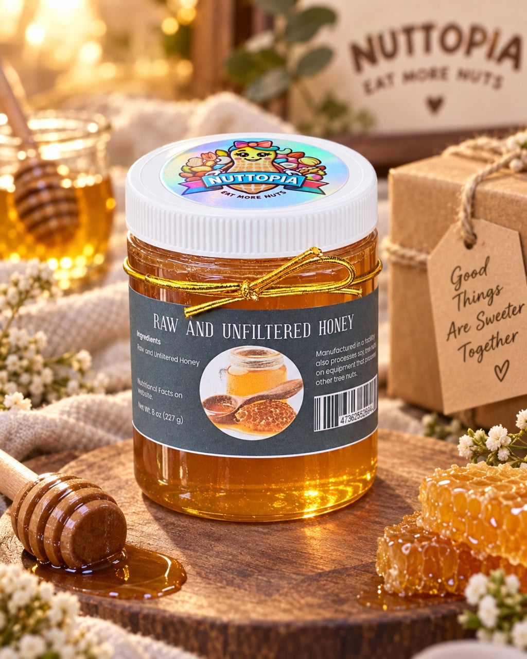 Nuttopia Raw and Unfiltered Honey 8 oz jar gift setting