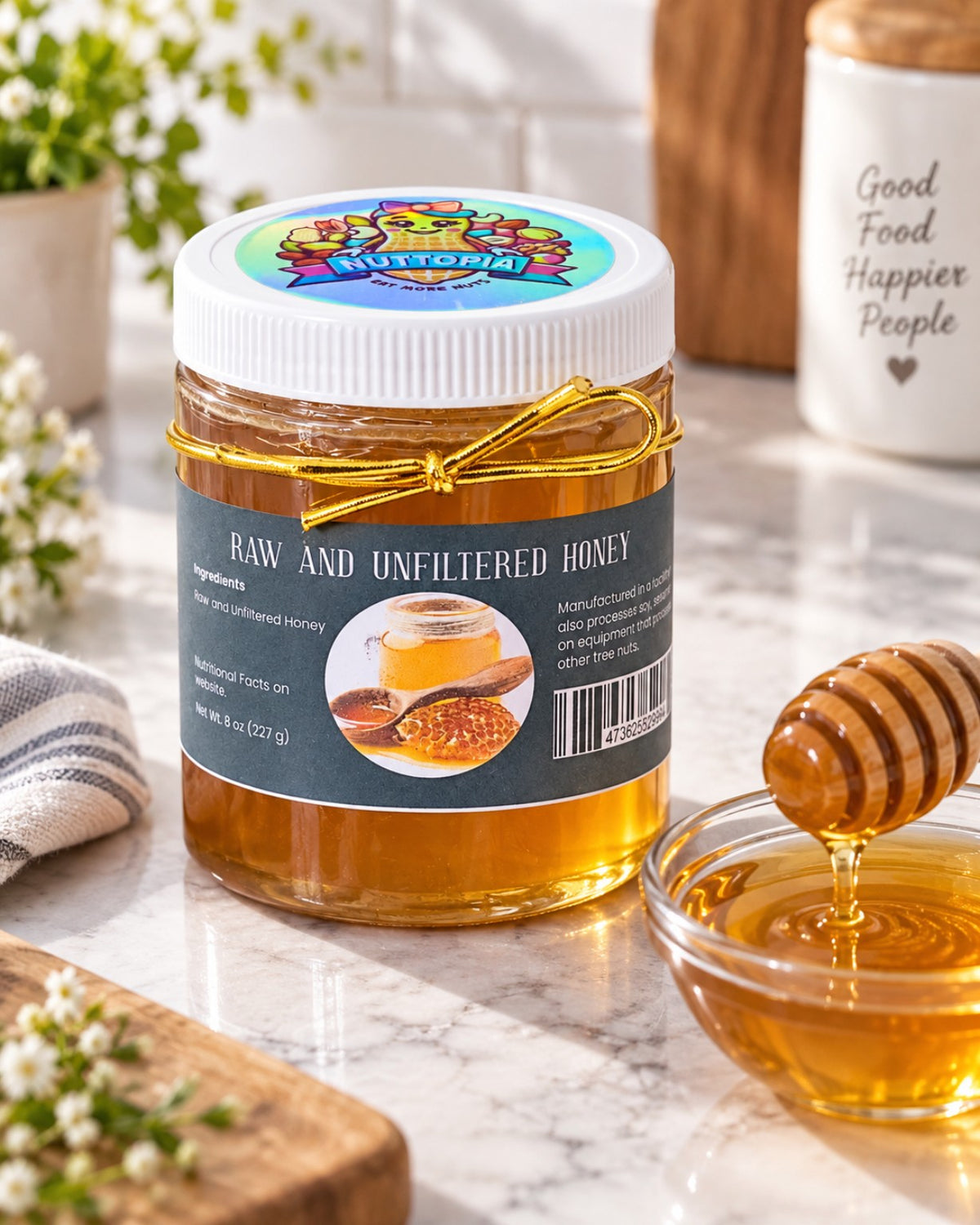 Nuttopia Raw and Unfiltered Honey 8 oz jar in kitchen setting