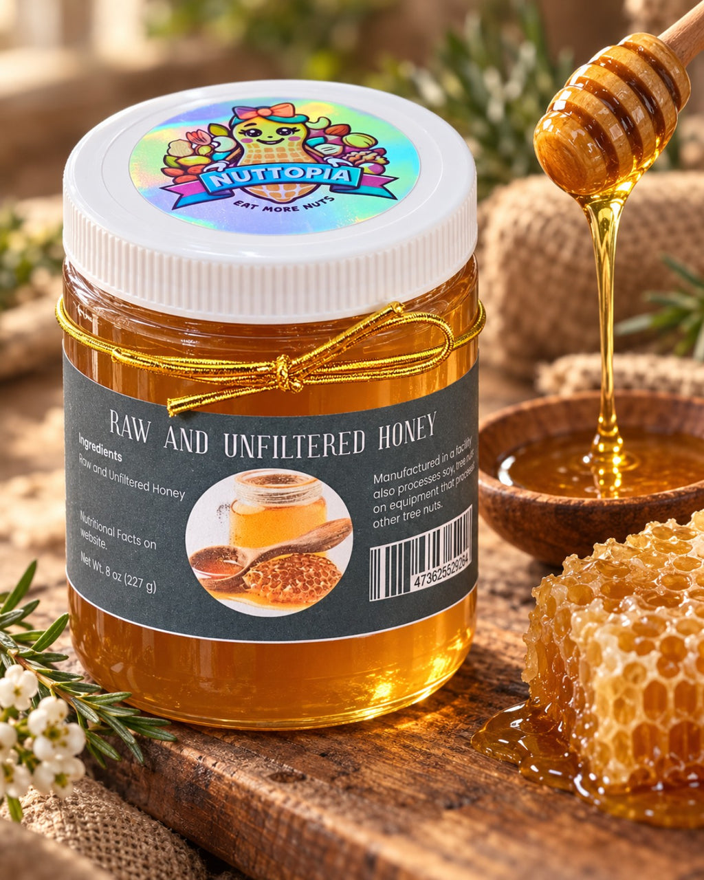 Nuttopia Raw and Unfiltered Honey 8 oz jar with honey dipper