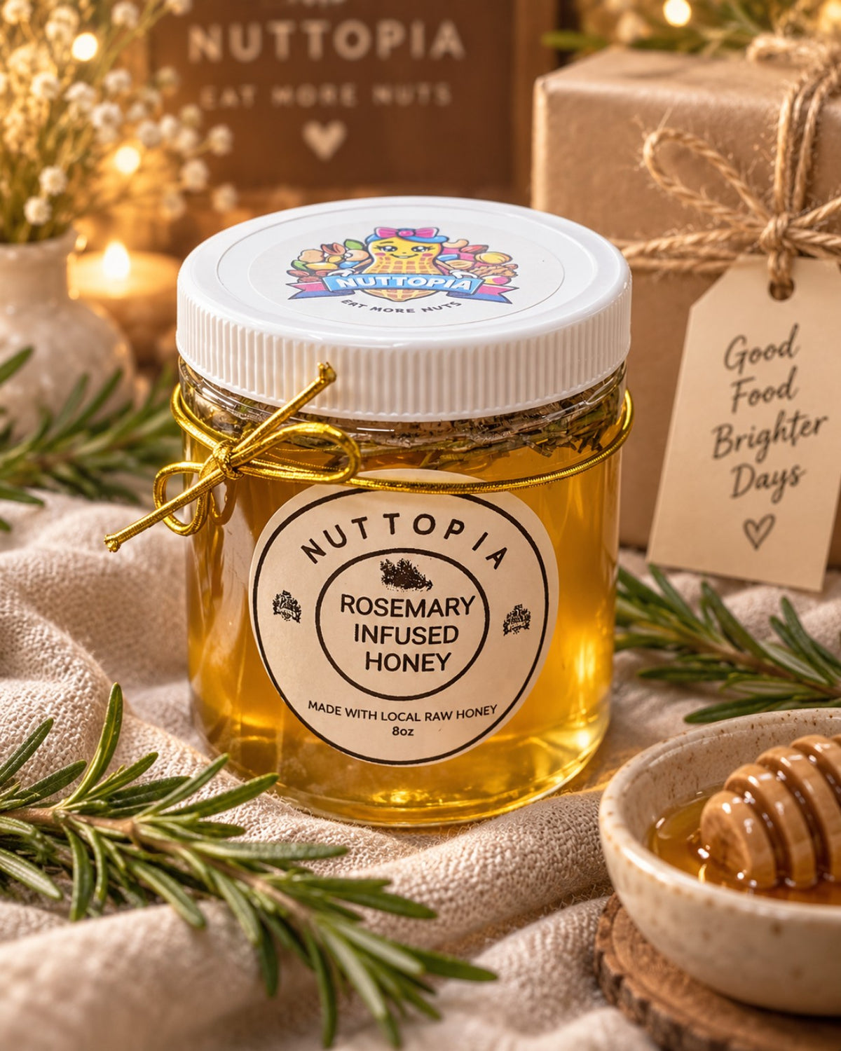 Nuttopia Rosemary Infused Honey 8 oz jar gift setting