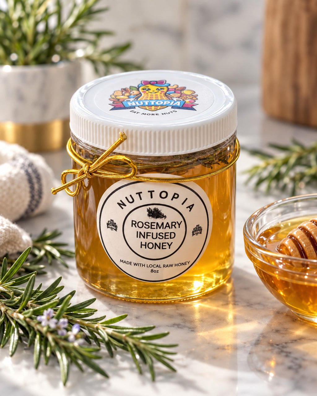 Nuttopia Rosemary Infused Honey 8 oz jar in kitchen setting