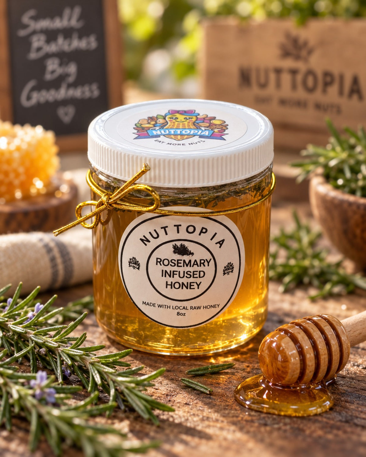Nuttopia Rosemary Infused Honey 8 oz jar with rosemary and honey dipper